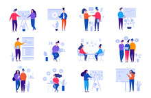 Collection Of Illustrations With People Working In The Office, Making A Presentation, Negotiating And Discussing Business Issues, Developing Ideas