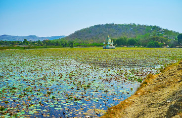 Sticker - The small shrine amid the pond, Monywa, Myanmar