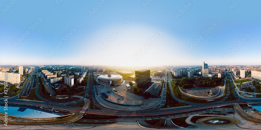 Obraz na płótnie Spherical panorama of sunrise over Katowice. Full 360 degree spherical image. w salonie
