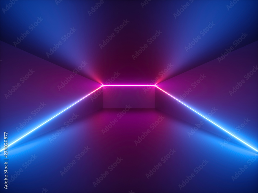 3d render, pink blue neon light, abstract background with glowing lines ...