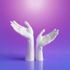 Wall Mural - 3d render, white female hands isolated on neon ultraviolet background, fashion beauty, jewelry shop display, elegant mannequin body parts, holding hands, show, presentation