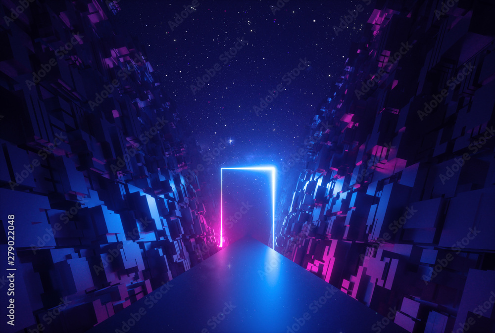 3d abstract neon background, glowing rectangular frame in cyber space, fantastic scene in virtual reality, road between walls of blocks under the night sky - obrazy, fototapety, plakaty 
