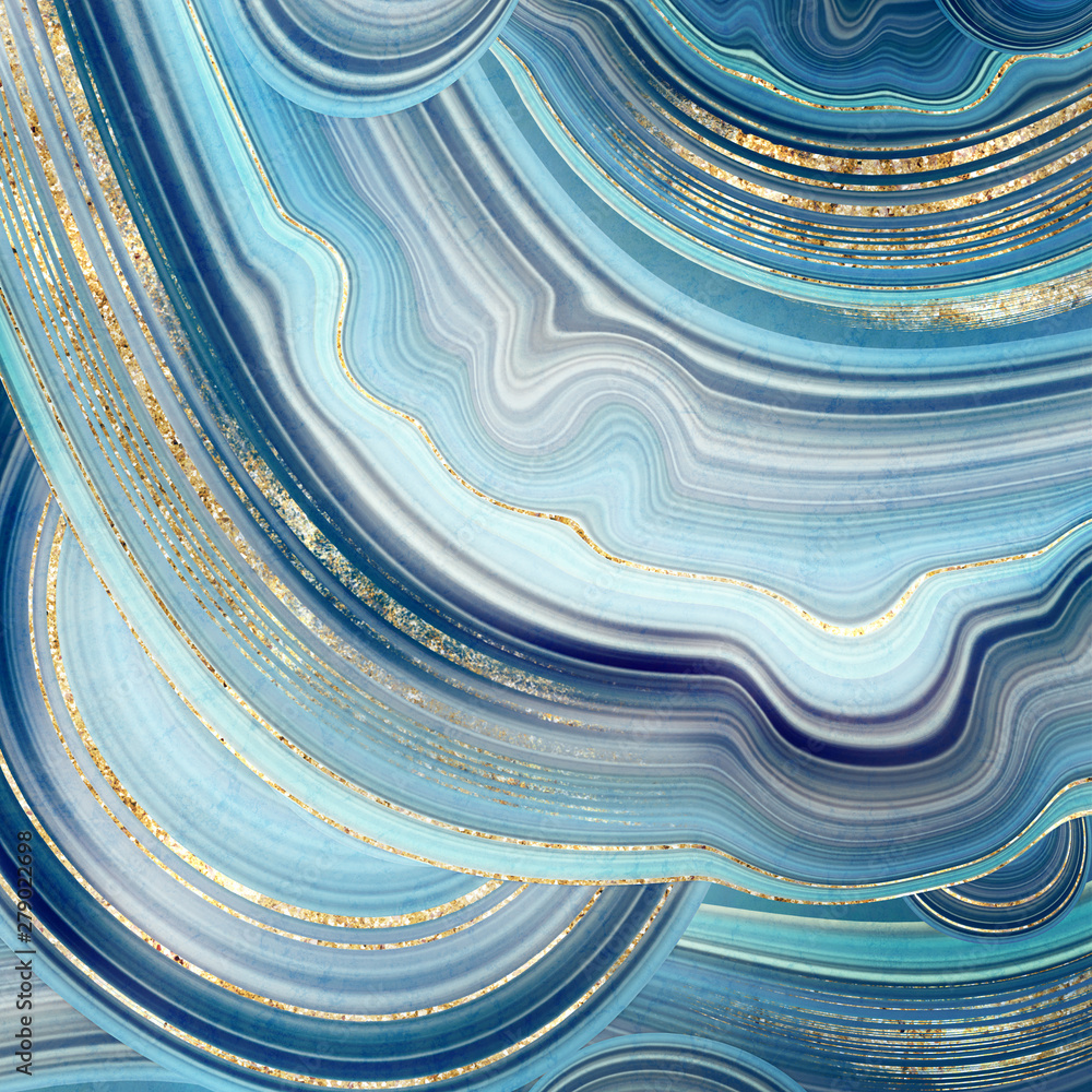 abstract background, fake stone texture, agate with blue and gold veins, painted artificial marbled surface, fashion marbling illustration - obrazy, fototapety, plakaty 