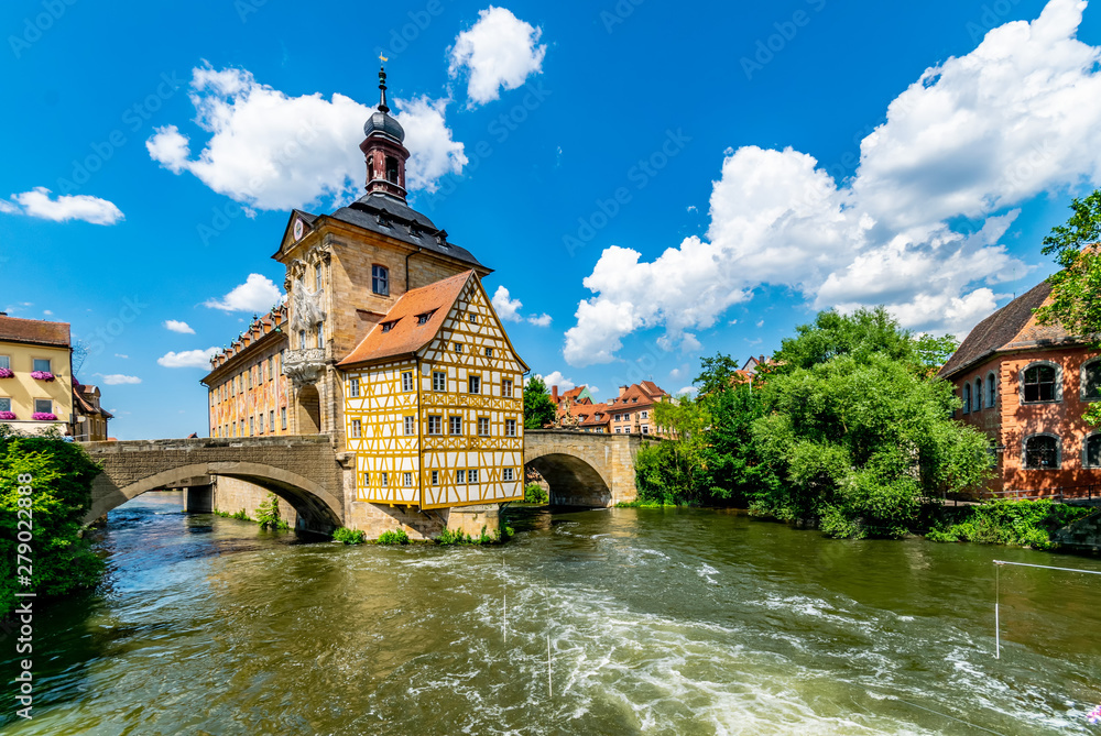 Bamberg old historic city in Bavaria with old town hall in wonderful sommer weather - obrazy, fototapety, plakaty 