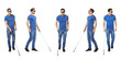 Set of blind man with long cane walking on white background
