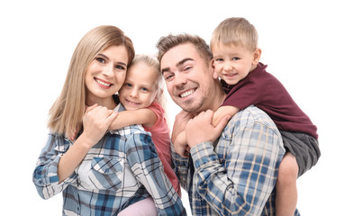 Poster - Portrait of happy family with little children on white background