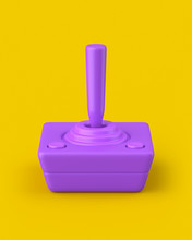 Purple Retro Joystick On A Yellow Background. 3d Render. Angled View. Kitsch Art Series.
