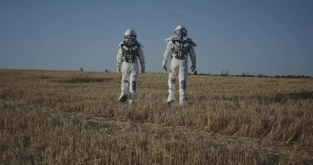 Wall Mural - Two astronauts crossing a field