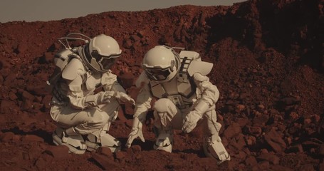 Wall Mural - Astronauts collecting rock samples on Mars