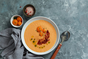 melon cold soup, with jamon, typical spanish