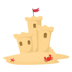 Sand castle with flag in cartoon style. Vector illustration on white background. 