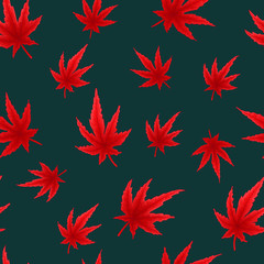 Wall Mural - Japanese maple leaves autumn hand draw watercolor imitation seamless pattern. Falls red and oranges leaf repeater background for gift wrap, textile, cover or wallpaper