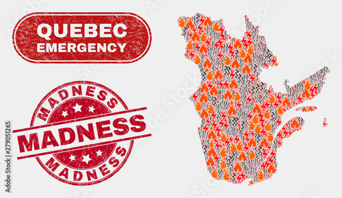 Fotografía Vector collage of firestorm Quebec Province map and red round grunge Madness seal