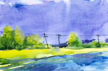 Wall Mural - Watercolor illustration of a beautiful summer forest landscape by the lake. Power line in the background