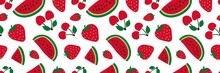 Watermelon, Cherry And Strawberry Seamless Pattern. Red Berry. Sweet Fruits. Fashion Design. Food Print For Dress, Textile, Curtain Or Linens. Hand Drawn Vector Sketch Background. Vegan Menu