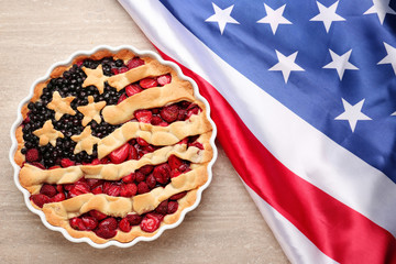 Wall Mural - Tasty American flag pie on table