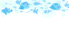 熱帯魚のイラスト背景、水彩風、青色