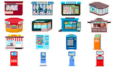 Kiosk Icons Set. Flat Set Of Kiosk Vector Icons For Web Design