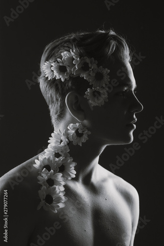 guy, flowers, young, young, hairstyle, image, soft, spring, figure, view, beautiful, Caucasian, athletic, black, background, daisies, cute, boy