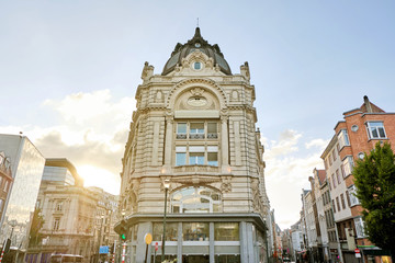 Facade of a building in Brussels city at sunset