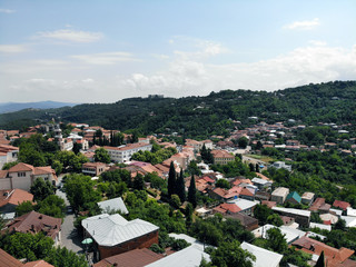 Wall Mural - Aerial view on Mountains and City Roofs