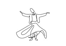Continuous One Line Drawing Of Sufi Dancer Vector Illustration. Traditional Sema Dancing Minimalist Design.