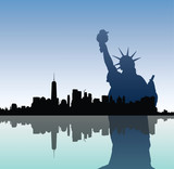 Fototapeta  - Silhouettes of Statue of Liberty and Manhattah skyline.