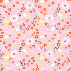 Wall Mural - Seamless pattern with flowers on a pink background. Vector illustrations