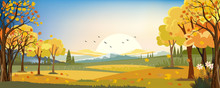 Panorama Landscapes Of Autumn Farm Field With Maple Leaves Falling From Trees, Fall Season In Evening.