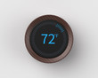 3d rendered smart thermostat showing the temperature in fahrenheit mounted on a white wall.