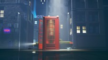 Red Phone Booth At Foggy Night. Full Of Town Lights. British Touristic Landmark