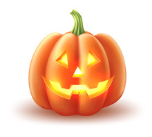 Vector Jack O Lanterns Scary Pumpkin Face Halloween Holiday Realistic Symbol Isolated. Traditional Holiday Decoration, Autumn Trick Or Treat Kids Event Vegetable.