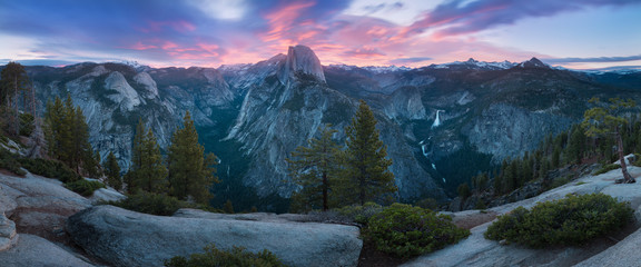 Wall Mural - half dome and yosemite valley in yosemite national park during colorful sunrise with trees and rocks