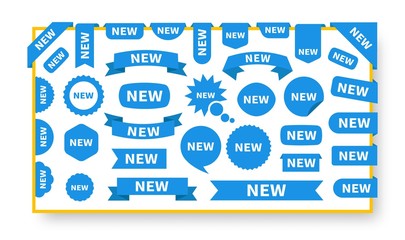 Wall Mural - new sticker set labels on the template. blue flat sticker icon with text new. vector product sticker