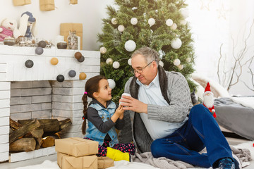 Wall Mural - Happy family celebrating winter holiday at home. grandfather and granddaughter christmas