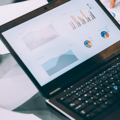 Information technology. Business meeting. Closeup of laptop with graphs and charts on screen.