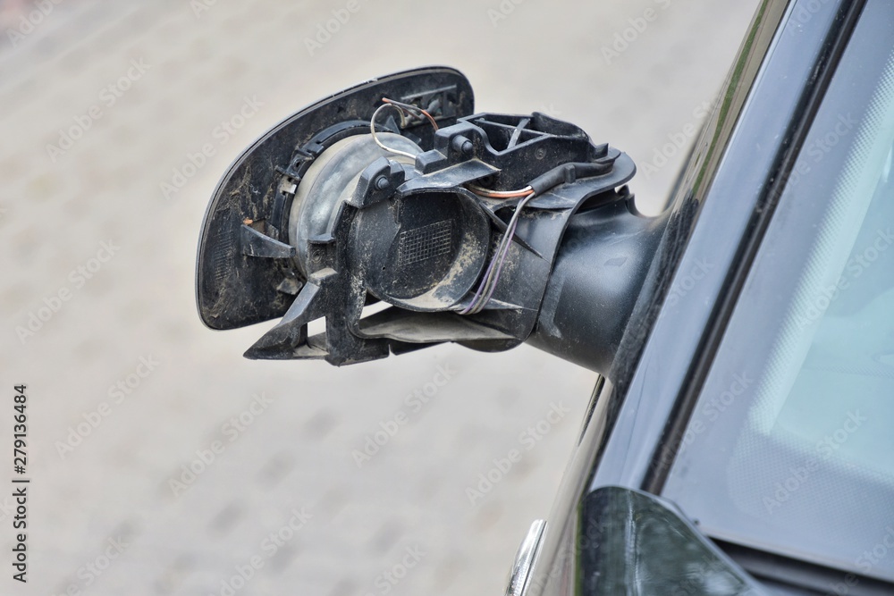 Mirror Crash Road accident. Black car with a broken side mirror. Crushed automobile ...