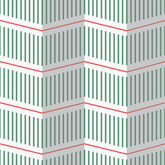 Wall Mural - Folded geometric illusion seamless pattern in green, white and red. Modern and creative, vertical and horizontal pinstripe lines. Great for Christmas holiday textiles, paper, graphic design, fashion.
