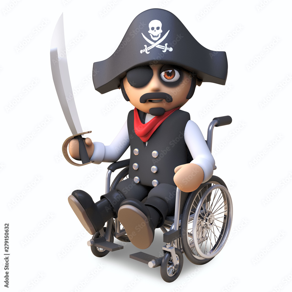Injured pirate sea captain in skull and crossbones hat and eyepatch ...