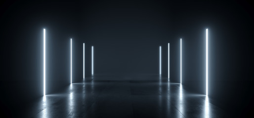 sci fi neon lights futuristic purple blue glowing laser beams vertical empty space dark room hallway