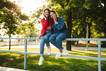 Wall Mural - Image of two joyful girls smiling and hugging while sitting on railing in green park