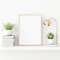 Aufkleber - Interior poster mockup with vertical gold metal frame standing on the table with succulent plant, lamp and pile of books on empty white wall background. 3D rendering, illustration.