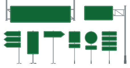 Set of road signs isolated on a white background. Green traffic signs.
