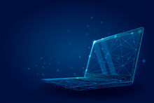 Low Poly Wireframe Laptop. Plexus Lines And Points Vector Illustration