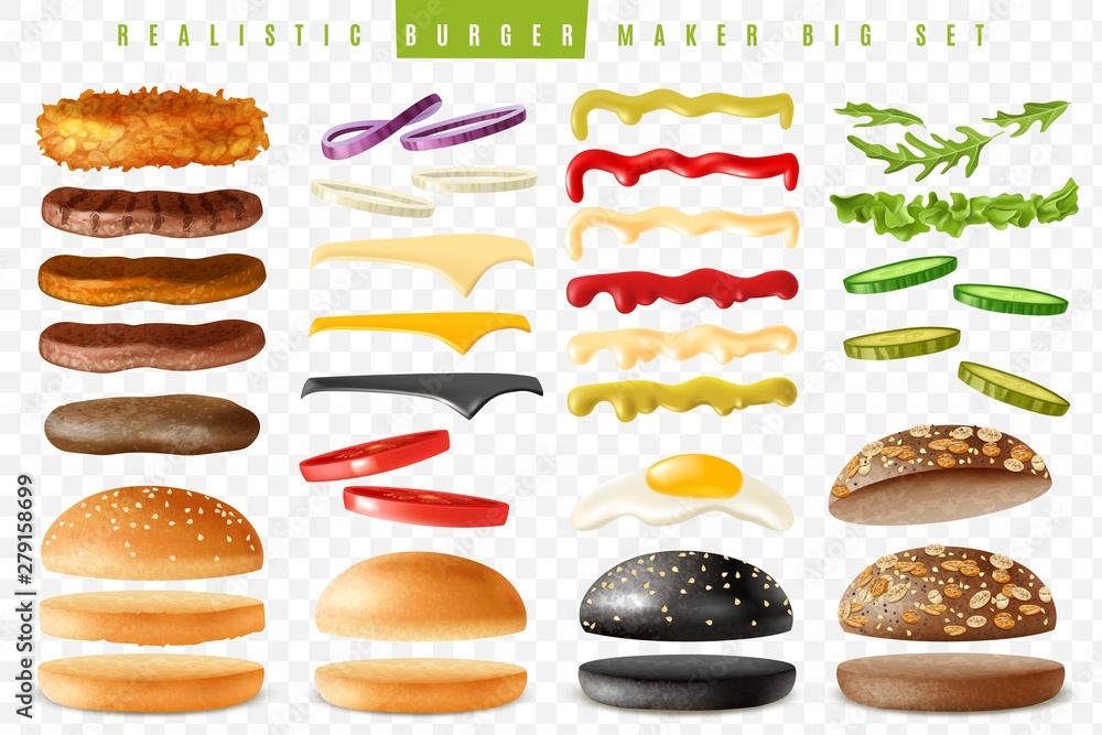 Realistic burger maker big transparent background set - obrazy, fototapety, plakaty 