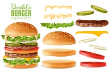 Realistic Double Burger Elements Set
