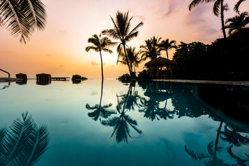 Clear Blue Infinity Pool of a Vacation Destination with Reflection in Water of Perfect Tropical Island Paradise of Palm Trees Silhouettes and Awesome Colorful Sunset Sky Over Ocean in Hawaii