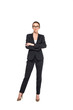 © LIGHTFIELD STUDIOS - full length view of young successful businesswoman in black suit and glasses with crossed arms isolated on white