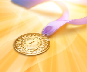 Gold medal with  ribbon  on  background