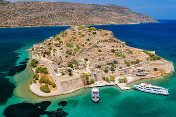 Poster - Aerial drone view of the ruins of the ancient Venetian fortress on the island of Spinalonga on the Greek island of Crete